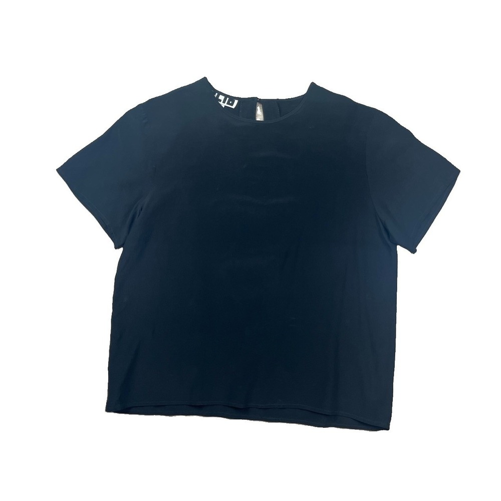 CLIO‎ Silk Blouse Size M Black Short Sleeve Vintage Back Button Keyhole Top